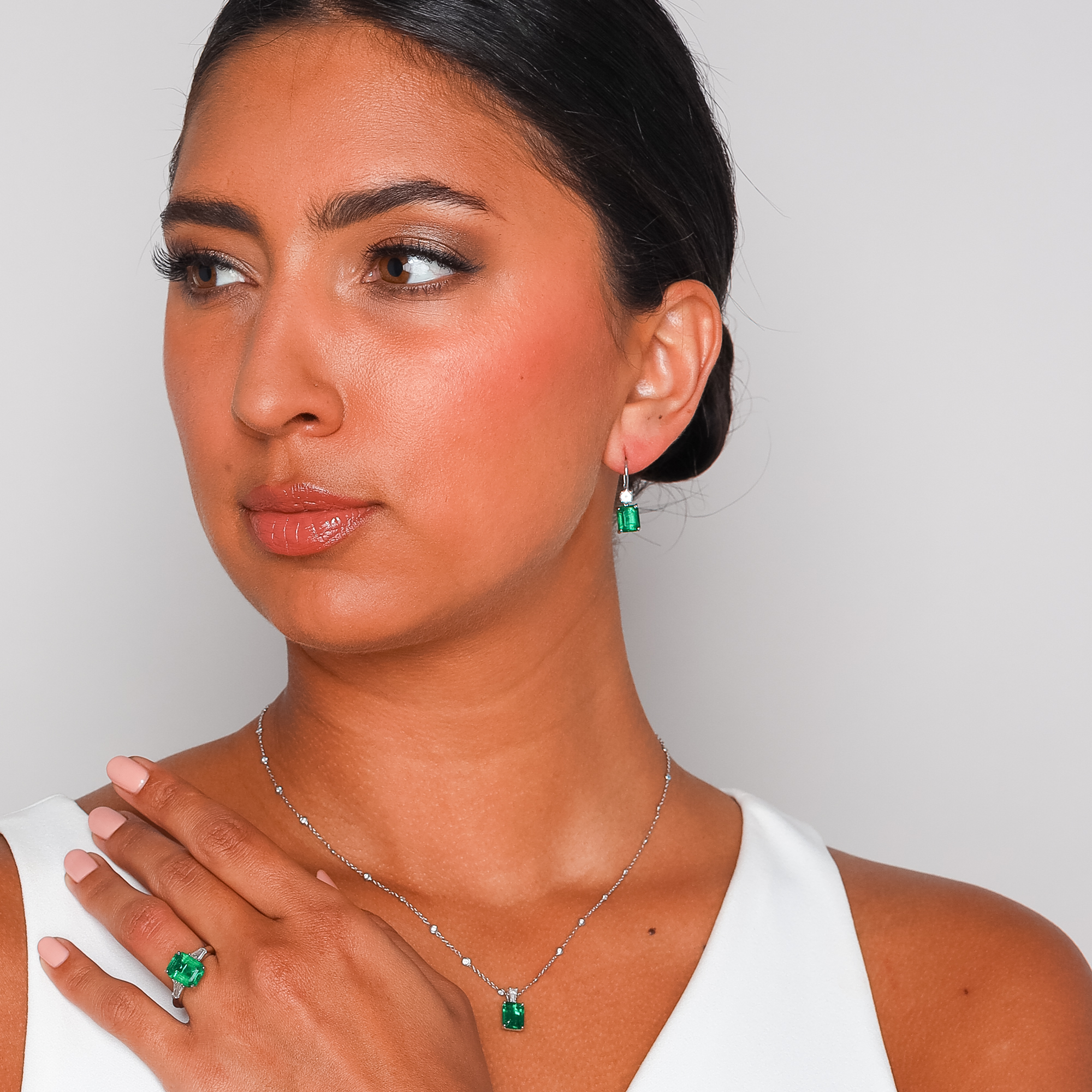 J.B. Star Emerald Cut Emerald & Cushion Cut Diamond Dangle Earrings in Platinum
